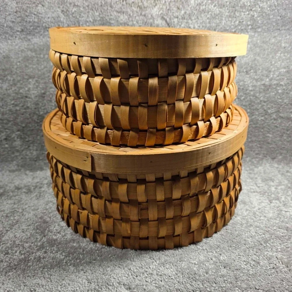 Woven Splint Baskets Natural Wood‎ Round Nesting Lidded Set of 2